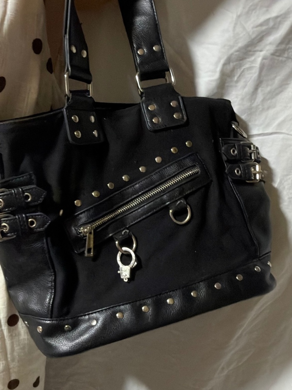 Vintage Y2K Black Canvas & Faux Leather Studded Buckle Handcuff Moto Shoulder Ba